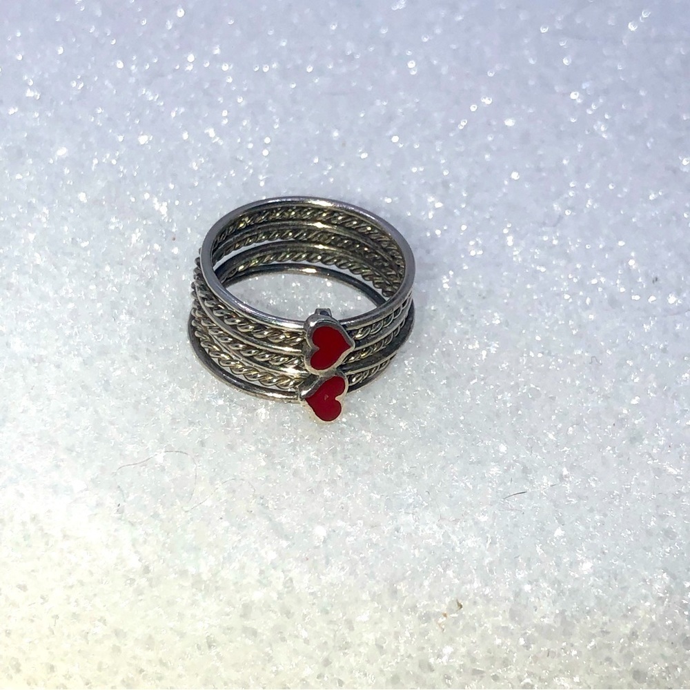 VTG Sterling Silver & Red Enamel Hearts Multi Band Stacker Style Ring Sz 4.5
